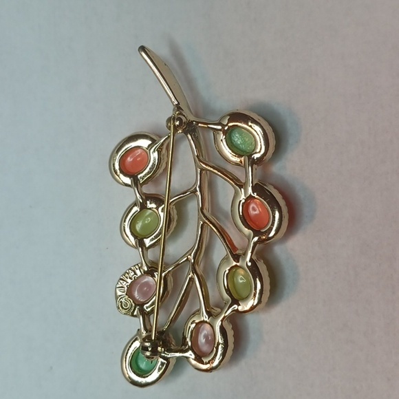 Signed SARAH COVENTRY Multi-Color "Stone" FLOWER BROOCH Orange Yellow Pink VTG - Picture 5 of 6